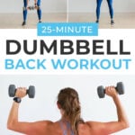 Pin for Pinterest back workout for women - shows woman performing a back row