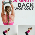 Pin for Pinterest back workout for women - shows woman performing a back row