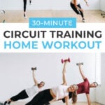 Pin for Pinterest of three people performing full body exercises in a circuit training workout