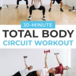 Pin for Pinterest of three people performing full body exercises in a circuit training workout