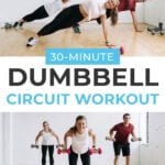 Pin for Pinterest of three people performing full body exercises in a circuit training workout