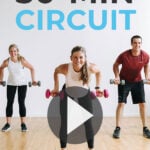 Pin for Pinterest of three people performing full body exercises in a circuit training workout