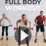 Pin for Pinterest of three people performing full body exercises in a circuit training workout