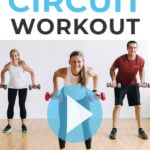 Pin for Pinterest of three people performing full body exercises in a circuit training workout