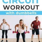 Pin for Pinterest of three people performing full body exercises in a circuit training workout