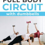 Pin for Pinterest of three people performing full body exercises in a circuit training workout