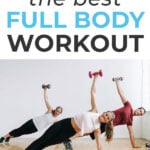 Pin for Pinterest of three people performing full body exercises in a circuit training workout