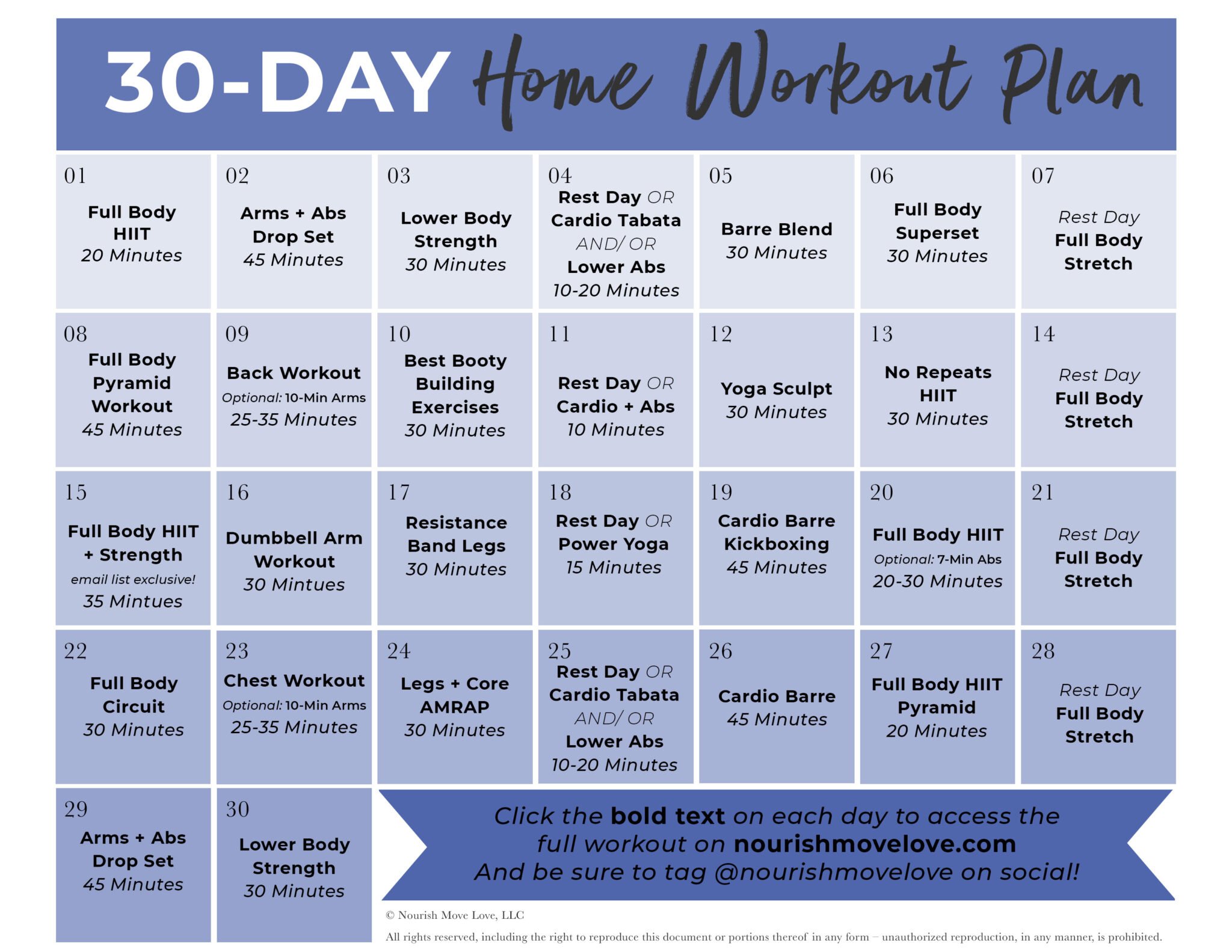 30 Day Workout Plan + Home Workout Routine | Nourish Move Love