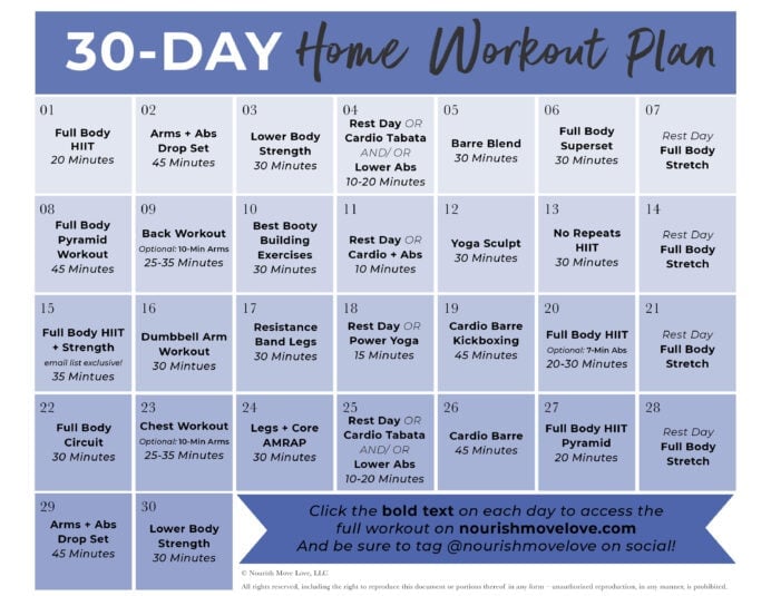 30 Day Workout Plan Calendar Graphic Nourish, Move, Love