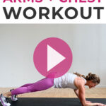 Pin for Pinterest of woman performing dumbbell chest exercises in a chest workout