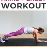 Pin for Pinterest of woman performing dumbbell chest exercises in a chest workout