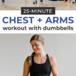 Pin for Pinterest of woman performing dumbbell chest exercises in a chest workout