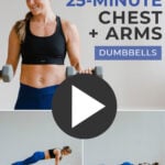 Pin for Pinterest of woman performing dumbbell chest exercises in a chest workout