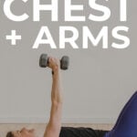 Pin for Pinterest of woman performing dumbbell chest exercises in a chest workout