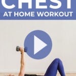 Pin for Pinterest of woman performing dumbbell chest exercises in a chest workout