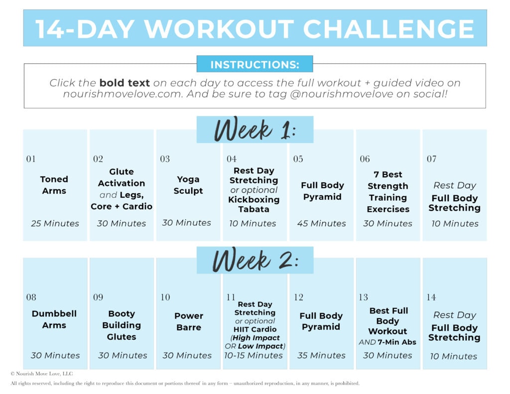 14 Day Workout Plan Calendar Graphic with clickable Links