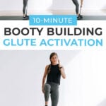 Pin for Pinterest of woman performing glute activation exercises with a resistance band