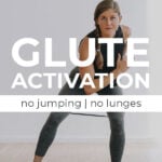 Pin for Pinterest of woman performing glute activation exercises with a resistance band