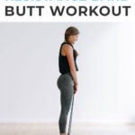 Pin for Pinterest of woman performing glute activation exercises with a resistance band