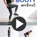 Pin for Pinterest of woman performing glute activation exercises with a resistance band