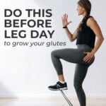 Pin for Pinterest of woman performing glute activation exercises with a resistance band