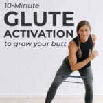 Pin for Pinterest of woman performing glute activation exercises with a resistance band