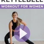 Pin for Pinterest of woman performing a kettlebell leg and ab workout