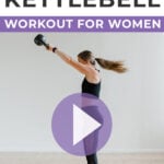 Pin for Pinterest of woman performing a kettlebell leg and ab workout