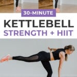 Pin for Pinterest of woman performing a kettlebell leg and ab workout