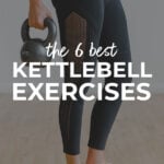 Pin for Pinterest of woman performing a kettlebell leg and ab workout