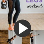 Pin for Pinterest of woman performing a kettlebell leg and ab workout