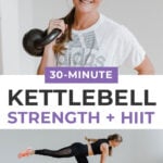 Pin for Pinterest of woman performing a kettlebell leg and ab workout