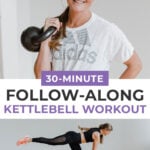 Pin for Pinterest of woman performing a kettlebell leg and ab workout