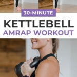 Pin for Pinterest of woman performing a kettlebell leg and ab workout