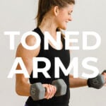 Pin for Pinterest Toned Arms Workout for Women - woman performing a bicep curl hold