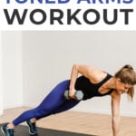 Pin for Pinterest Toned Arms Workout for Women - woman performing a plank and row with dumbbells