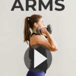 Pin for Pinterest Toned Arms Workout for Women - woman holding dumbbells in a front racked position