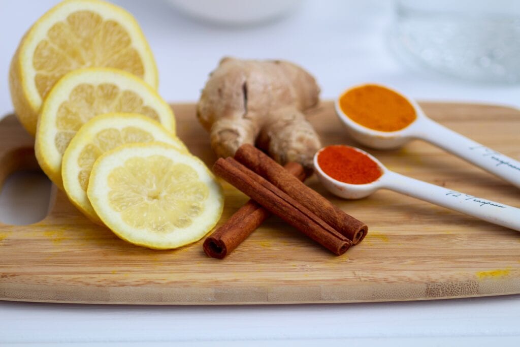 lemon ginger turmeric tea ingredients include lemon, fresh ginger, turmeric, cinnamon sticks and cayenne pepper