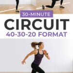 Pin for Pinterest of woman performing exercises in a full body circuit workout