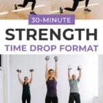 Pin for Pinterest of woman performing exercises in a full body circuit workout