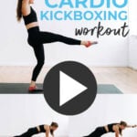 Pin for Pinterest of woman performing a cardio kickboxing barre fusion workout