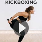 Pin for Pinterest of woman performing a cardio kickboxing barre fusion workout