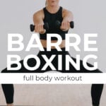 Pin for Pinterest of woman performing a cardio kickboxing barre fusion workout