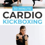 Pin for Pinterest of woman performing a cardio kickboxing barre fusion workout