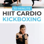 Pin for Pinterest of woman performing a cardio kickboxing barre fusion workout