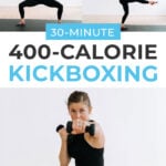 Pin for Pinterest of woman performing a cardio kickboxing barre fusion workout