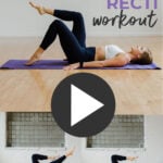 Pin for Pinterest showing postpartum woman lying on her back performing core exercises to heal diastasis recti safely