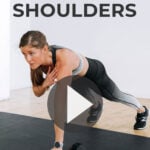 Pin for Pinterest of shoulder workout for women. Woman performing shoulder strength exercises