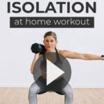 Pin for Pinterest of shoulder workout for women. Woman performing shoulder strength exercises