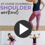 Pin for Pinterest of shoulder workout for women. Woman performing shoulder strength exercises